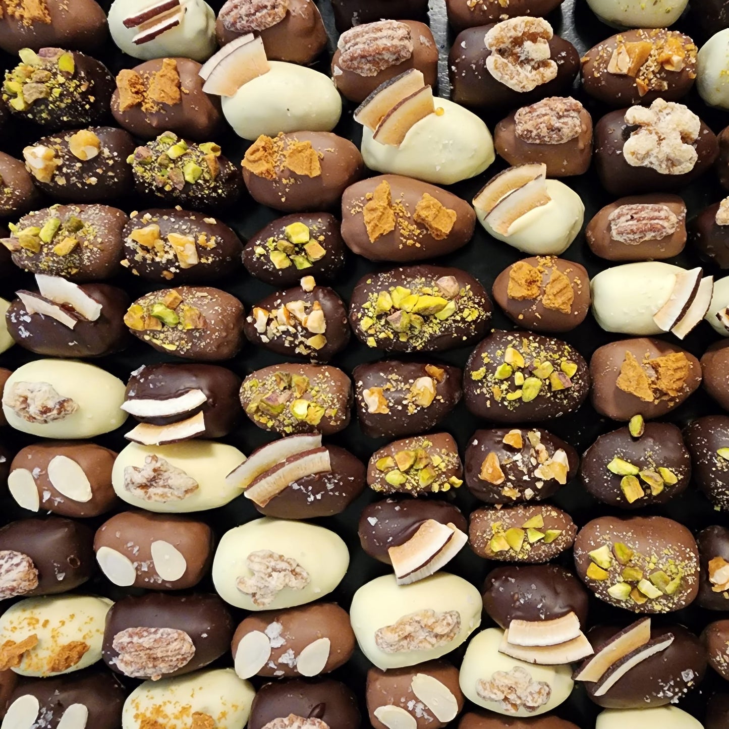 Top-down flat lay of chocolate-enrobed Medjool dates in neat rows, each topped differently: pistachio, toasted coconut, almond slices, candied pecans, gingersnap crumble, toffee and sea salt